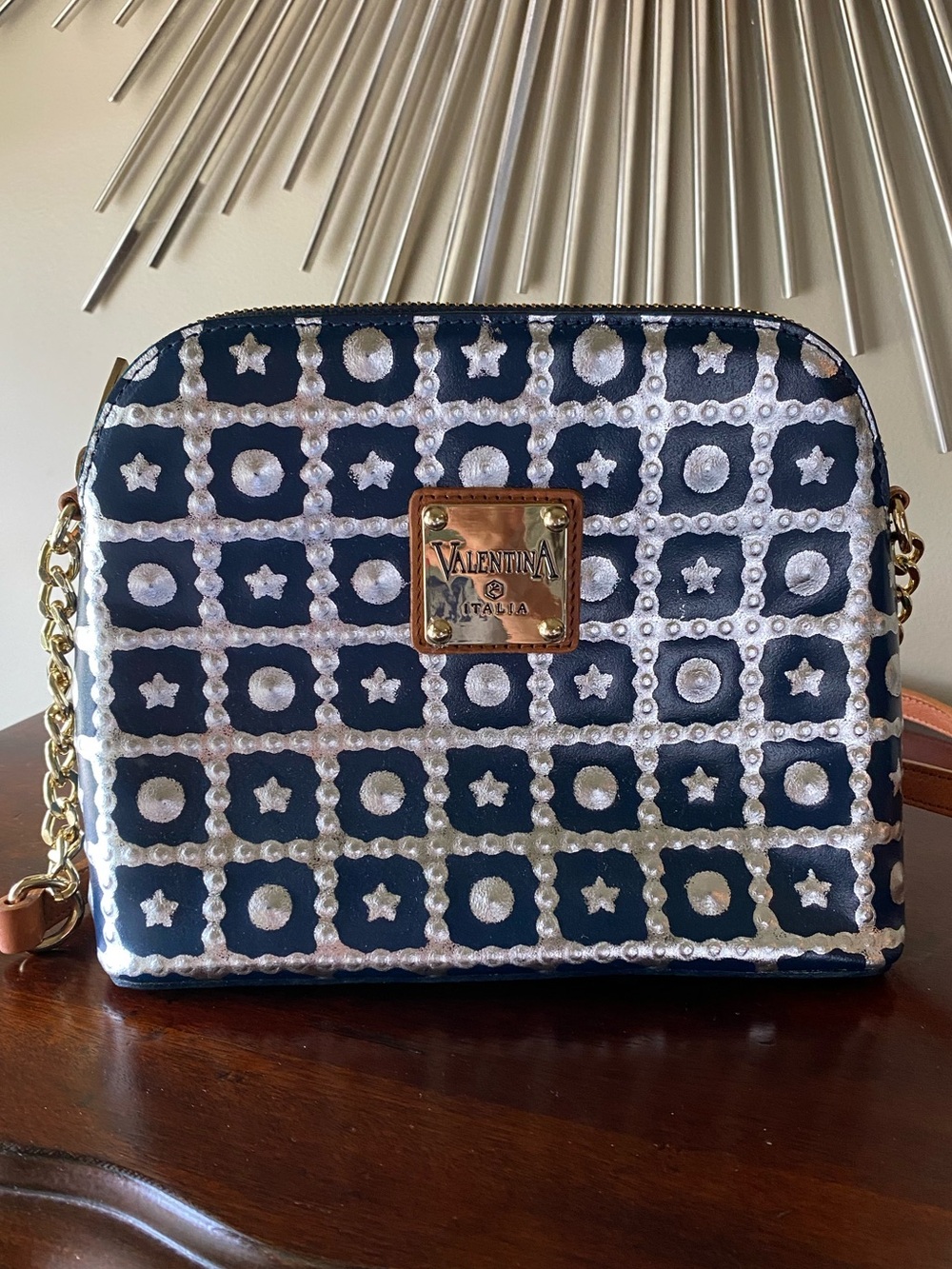 Valentina Italia Navy/Silver Leather Crossbody